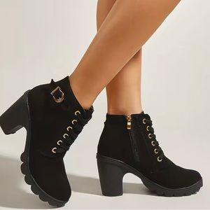 Women's High Top Zipper Side Lace Up Chunky Heel Short Boots, Faux Leather Casua